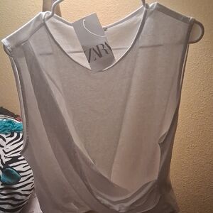 Zara White Sleeveless Asymmetrical Wrap Top